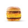 A burger with a beef patty, melted cheddar cheese, caramelized onions, and an orange sauce, sandwiched between a soft, lightly toasted bun. The cheese is flowing over the sides, and the ingredients appear fresh and appetizing. The background is plain white.